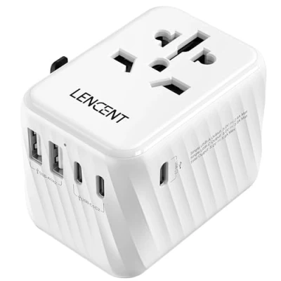 Abbildung von LENCENT Universeller Reiseadapter, Internationaler Adapter mit 5.6A 3 USB C 2 A Ports Wandladegerät Weltweiter Reiseadapter für USA bis EU UK Irland Australien (Typ C/G/A/I), Weiß