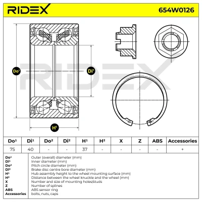 Abbildung von RIDEX 654W0126 Radlagersatz Vorderachse beidseitig 75 VOLVO: V40 Kombi, S40 I
