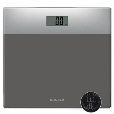 Abbildung von Salter 9206 SVSV3R Elektronische Personenwaage digitale Körperwaage mit Glasplattform, Körperfettwaage Step on Technologie, 180 KG Kapazität, großes LCD Display, Einfachen Aufbewahrung, Grau