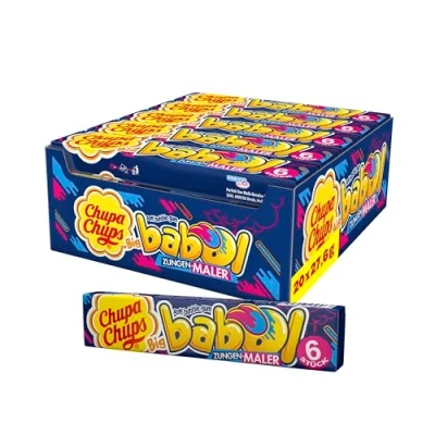 Abbildung von Chupa Chups Big Babol Zungenmaler, Theken Display enthält 20 Stangen Kaugummis mit Frucht Geschmack, für große Kaugummi Blasen, x 27,6g