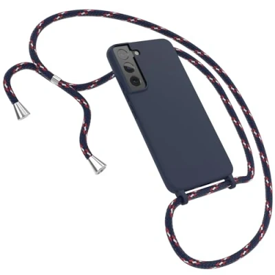Abbildung von EAZY CASE Hülle mit Kette kompatibel Samsung Galaxy S22 5G Schutzhülle Kordel zum Umhängen,Umhängen Necklace, TPU Silikon Case, Blau Band Navy Camouflage Verschluss Silber