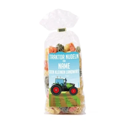 Abbildung von Striefchen® Traktor Nudeln mit personalisiertem Etikett für junge Landwirtschaftsfans und angehende Traktorfahrer