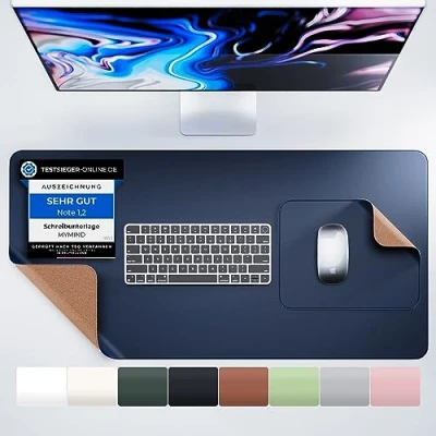 Abbildung von MYMIND® Schreibtischunterlage [2 er Set] 80x40cm Premium Qualität mit extra Mauspad Schreibunterlage für Homeoffice Schreibtisch Unterlagenmatte rutschfest Desk Mat Unterlage (Nachtblau)