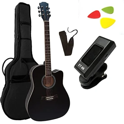 Abbildung von 4/4 WESTERNGITARRE MIT CUTAWAY SET AKUSTIKGITARRE SCHWARZ STAHLSAITEN LINDENHOLZ TASCHE STIMMGERÄT