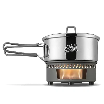 Abbildung von Esbit Trockenbrennstoffkochset Outdoor Camping Kocher 1000 ml mit Edelstahl Topf klappbare Griffe Campingkocher Set