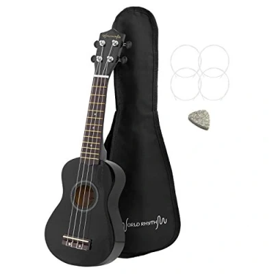 Abbildung von World Rhythm Sopran Ukulele Premium Einsteiger in Schwarz Finish mit Gigbag, Ersatzsaiten und Filzplektrum ausgestattet Aquila Saiten, WR 305