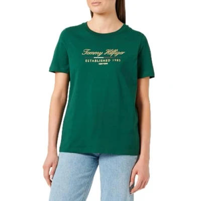 Abbildung von Tommy Hilfiger REG Script Graphic C NK SS Langarmhemd Damen, Grün (Ornamental Green), XS