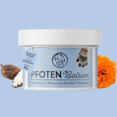 Abbildung von Annimally Pfotenbalsam Hund Winter 50g Pfotenschutz und Katze mit Bienenwachs, Sheabutter &amp; Ringelblumenöl Pfotensalbe für die Pfotenpflege im Sommer Hundepflege