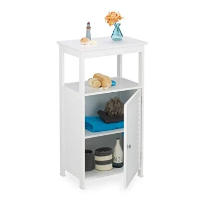 Abbildung von Relaxdays Badschrank, 10032189 3 Fächer, Lamellentür, HxBxT: 83 x 45 30 cm, schmal, Schränkchen für Bad, Küche und Flur, weiß