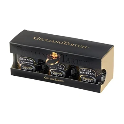 Abbildung von Geschenkset &quot;I Love Tartufo&quot; von Giuliano Tartufi mit 3 verschiedenen Trüffelsaucen je 80g in einem Geschenkkarton