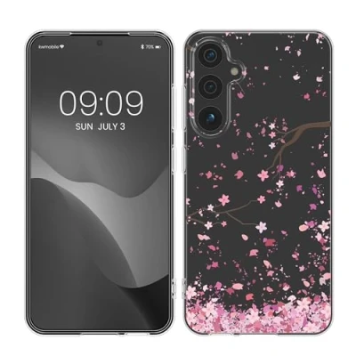 Abbildung von kwmobile Case kompatibel mit Samsung Galaxy A55 5G Hülle Silikon Transparent Kirschblütenblätter Rosa Dunkelbraun
