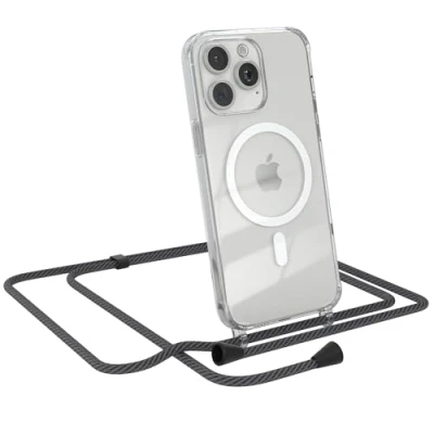 Abbildung von EAZY CASE Handykette kompatibel mit iPhone 15 Pro Max Kette zum Umhängen Handyhülle für Silikon Hülle Band Transparent als Fallschutz in Schwarz/Anthrazit Clips Schwarz