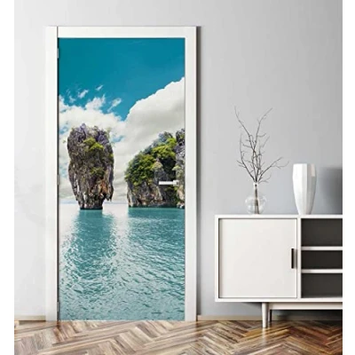 Abbildung von MyMaxxi Tür bekleben mit Türtapete Selbstklebend 90x200 Strand Berge verschönern Türfolie Türaufkleber XXL Aufkleber Folie Türposter Türklebefolie Sand Meer blau