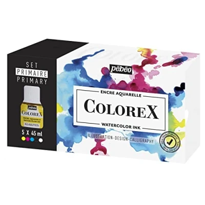 Abbildung von Pébéo Box mit 5 Fläschchen, 45 ml, verschiedene Zeichnungen, Manga &amp; Illustration, L&#039;Essentiel Colorex Aquarellfarbe, Primärgelb, Cyan, Magenta, Elfenbeinschwarz, Weiß, x Set 225 Stück