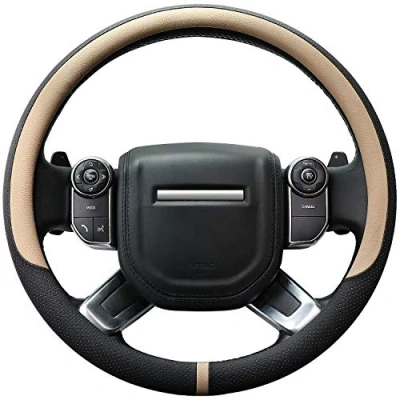 Abbildung von COFIT Lenkradbezug für Auto Universal LenkradhüLle Anti Rutsch Lenkrad Bezug Leder SchutzhüLle L 39 40.5cm Beige und Schwarz