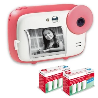 Abbildung von AGFA Photo Realikids Instant Cam + 6 Rollen Thermopapier, ATP3WH Sofortbildkamera für Kinder, LCD Display 2,4 Zoll, Lithium Akku, Selfie Spiegel und Fotofilter Rosa