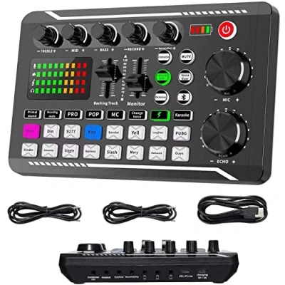Abbildung von Live Soundkarte und Audio Interface mit DJ Mixer Effekten Sprach Wechsler, F998 Bluetooth Stereo Mixer, für Youtube Streaming, PC, Aufnahmestudio Gaming