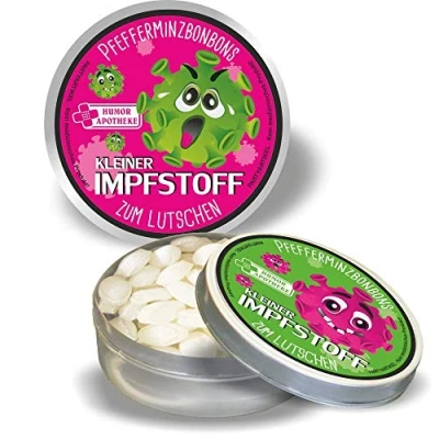 Abbildung von Kleiner Corona Impfstoff. Humormedizin Scherzartikel für Erwachsene Der erste Impfstoff gegen das Virus kommt aus unserer Humor Apotheke (Kleiner Impfstoff: 2 x Pfefferminz Bonbons )