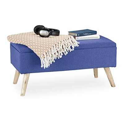 Abbildung von Relaxdays, blau Sitzbank mit Stauraum, gepolstert, Holzbeine, Truhenbank Stoffbezug, HxBxT: 39,5 x 79,5 cm