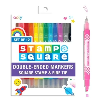 Abbildung von Ooly 12 doppelseitige quadratische Stempelmarker mit einem quadratischen Stempel und 0,8 mm feiner Spitze auf jeder Seite, ideal für Pixel Kunst Listenherstellung mehr [quadratischer