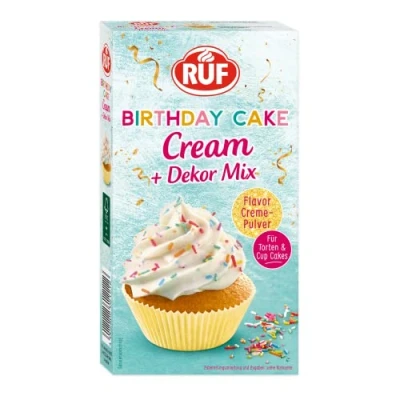 Abbildung von RUF Birthday Cake Cream, Cream Pulver für eine lockere Torten Creme in Geburtstags Kuchen mit Vanille Karamell Geschmack &amp; buntem Dekor Mix, 1 x 110g