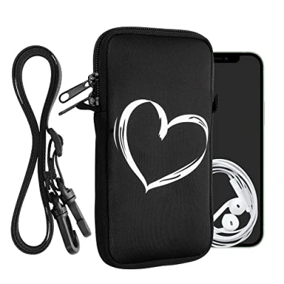 Abbildung von kwmobile Handytasche für Smartphones XXL 7&quot; Neopren Handy Hülle Weiß Schwarz Tasche mit Kette 17,7 x 8,5 cm Innenmaße Herz Brush