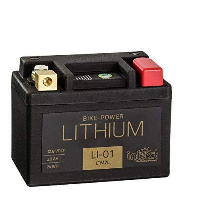 Abbildung von intAct LITHIUM MOTORRADBATTERIE Batterie für Roller, Motorrad, Quads. Bis zu 75% Gewichtseinsparung Bike Power LI 01, LTM7L, 12,8V Batterie, 2 AH (c10), 24 Wh, 120 A (CCA) Maße: 107x56x85mm