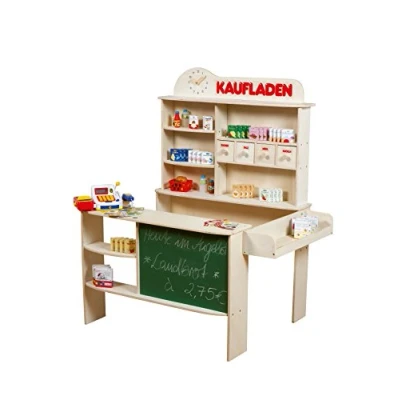 Abbildung von roba Kaufladen, inkl. Zubehör, Holz natur, mit 4 Schubladen, Uhr, Tafel, Theke und Seitentheke