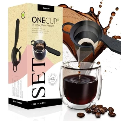 Abbildung von Finum SET mit 60 ONE CUP Coffee Filters + Halter Kaffeefilter für die Tasse Halterung, Papierfilter, Filter Kaffeepulver, Tassenfilter, Kaffeebereiter Becher 1 Stk./60