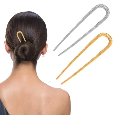 Abbildung von WOLMIK Metall französische Haarnadeln für Frauen, Goldene dickes Haar, U förmige Haarnadeln, Dutts, Twist Haargabel Gold, Silber