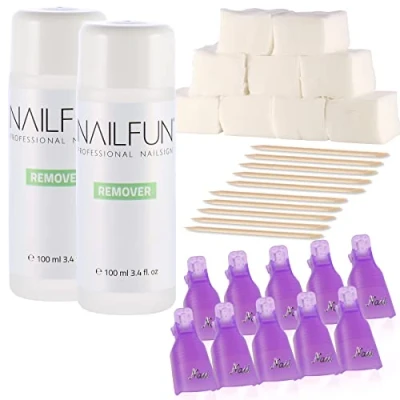 Abbildung von NAILFUN Remover 2 x 100ml + 1 600 Cotton Wipes Pads 10 Holzstäbchen Finger Clips zum entfernen von UV Gelnägel Shellack Soak Off Gel Polish Easy Acryl Modellagen Tips