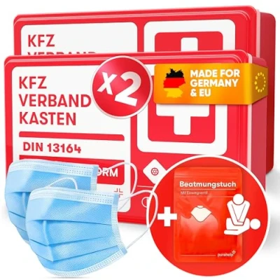 Abbildung von PURAHELP 2x KFZ Verbandskasten nach aktueller Norm 2025 DIN 13164 (StVO konform) Inkl. Beatmungstuch, Klettstreifen Erste Hilfe Set Auto