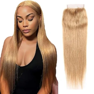 Abbildung von Tuheerst Lace Front Closure 4x4 Human Hair Blonde Straight #27 with Natural Hairline Brazilian Remy No Smell Tangle for Woman 18 Inch