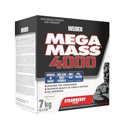 Abbildung von Weider Mega Mass 4000 Weight Gainer Pulver mit 48g Protein &amp; Kreatin pro Portion Für Muskelaufbau hohe Kalorienaufnahme 7kg Erdbeere