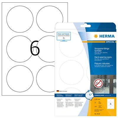 Abbildung von HERMA 8336 Wetterfeste Folienetiketten rund, 800 Blatt, Ø 85 mm, 6 pro A4 Bogen, 4800 Stück, selbstklebend, bedruckbar, matt, blanko Klebeetiketten Aufkleber aus Folie, weiß