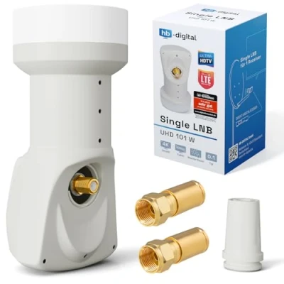 Abbildung von hb Digital Single LNB (Test SEHR GUT *) LNC Kopf 1 Teilnehmer Direkt LTE Protected Satelliten Sat Full HD TV 3D 4K UHD Kontakte vergoldet Wetterschutz Weiß White + 2X F Kompressionsstecker