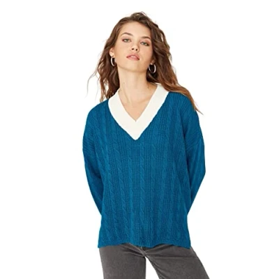 Abbildung von Trendyol Damen Oversize Pullover mit V Ausschnitt und Colorblock Sweatshirt, Öl, L
