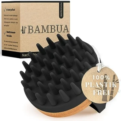 Abbildung von BAMBUA Kopfhaut Massagebürste (Anti Schuppen Effekt) Kopfmassage Bürste Zur beim Duschen Premium Scalp Massager inkl. E Book „Gesunde Kopfhaut“ (Schwarz)