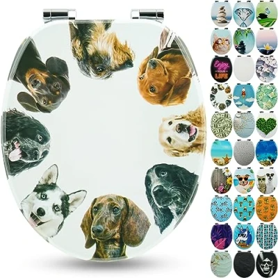 Abbildung von SANFINO® Premium WC Sitz mit Absenkautomatik hochwertige Toilettendeckel aus Holz, viele bunte Motive, hoher Sitzkomfort, einfache Montage inklusive Montageanleitung &quot;Dog Circle&quot;