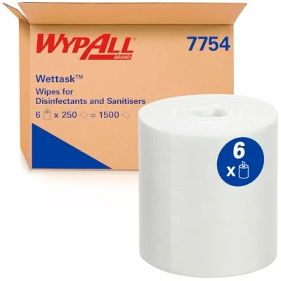 Abbildung von WypAll Wettask Tücher für Desinfektionsmittel 7754 Reinigungstücher mehrere Oberflächen 6 Rollen x 250 weiße (insg. 1.500)