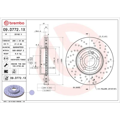 Abbildung von BREMBO Bremsscheibe MERCEDES BENZ: A Klasse, CLA Shooting Brake, Coupe 295mm 24mm 5 gelocht/innenbel. beschichtet hochgekohlt 09.D772.1X