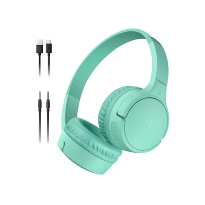 Abbildung von Belkin SoundForm Mini kabelloser Kinderkopfhörer mit integriertem Mikrofon und lustigen Aufklebern, 30 Std. Wiedergabe Over Ear Kopfhörer für Unterricht, Ferien, iPhone, iPad, Galaxy Mint