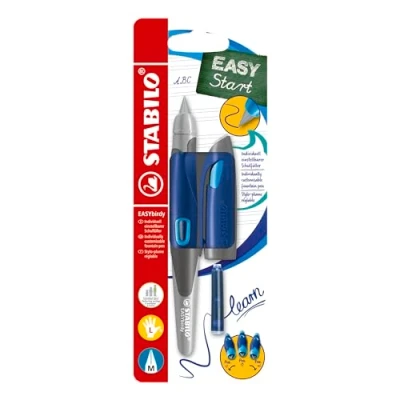 Abbildung von Ergonomischer Schulfüller für Linkshänder mit Standard Feder M STABILO EASYbirdy in mitternachtsblau/azur inkl. Patrone und Einstellwerkzeug blau (löschbar)