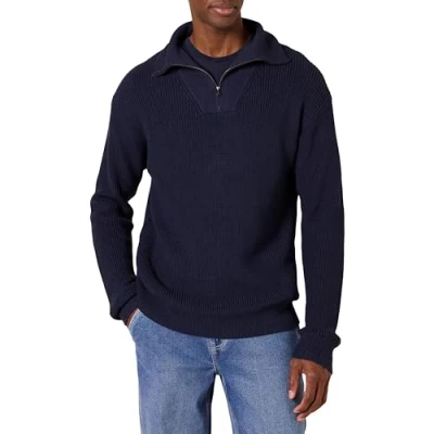 Abbildung von Amazon Essentials Herren Rippstrickpullover mit Viertel Reißverschluss und lockerer Passform, Marineblau, S