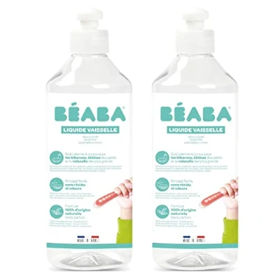 Abbildung von BÉABA, Geschirrspülmittel für Babyflaschen und Esszubehör, 100% natürlichen Ursprungs, Parfümfrei, biologisch abbaubar, Packung mit 2x500 ml