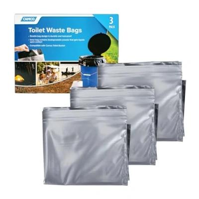 Abbildung von Camco Toiletten Abfallbeutel langlebiges Doppelbeutel Design ist auslaufsicher, Innensack Gele Jede Flüssigkeit, ideal für Camping, Wandern und Jagd mehr, 3er Pack (41547), Schwarz