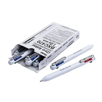 Abbildung von Pentel iZee BXC470 W Kugelschreiber, 4 Farben, niedrige Viskosität, Schwarz, Rot, Blau, Grün, 1 mm, breiter Schaft, Weiß, 12 Stück