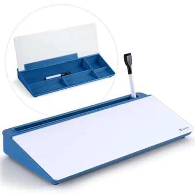 Abbildung von Varhomax Schreibtisch Whiteboard aus Glas mit Trockenabwischfunktion, Desktop Aufbewahrung, To Do Liste, Notizblock, Begleiter und Tastaturständer für Zuhause (Blau)