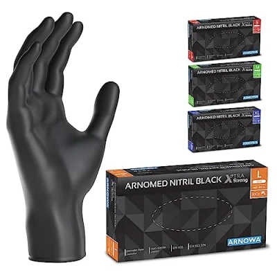 Abbildung von ARNOMED Einweghandschuhe Schwarz Extra Stark, Einmalhandschuhe L, 50% dickere Nitrilhandschuhe, 100 Stk./Box, Handschuhe Einweg puderfrei, latexfreie Gummihandschuhe, in S, M, L &amp; XL