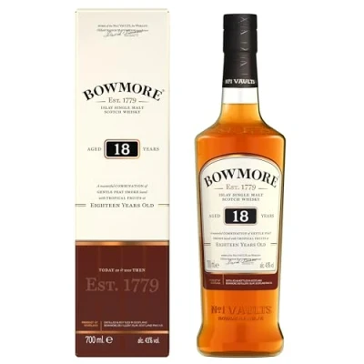 Abbildung von Bowmore 18 Jahre Islay Single Malt Scotch Whisky mit Geschenkverpackung komplexer Geschmack leichter Rauchnote 43% Vol 700ml Einzelflasche